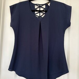 Jennie & Marlis Women LP Navy Crepe Lattice Back V-Neck Short Sleeve Blouse…